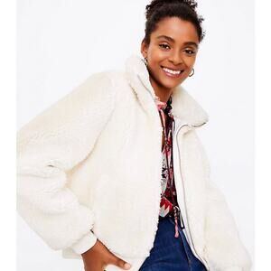 Ann Taylor LOFT Sherpa Teddy Fleece Bomber Jacket Medium Cozy Warm Fuzzy